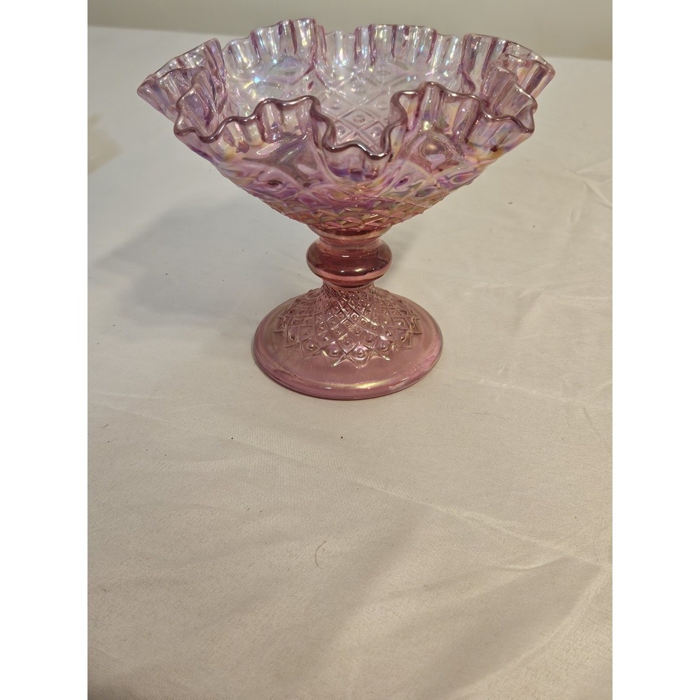 Fenton Pink‎ Carnival Glass Diamond Point Compote Ruffled Candy Dish Iridescent